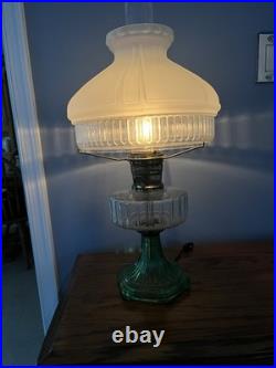 Vintage Aladdin Green Corinthian Electrified Oil Lamp With Frosted Shade