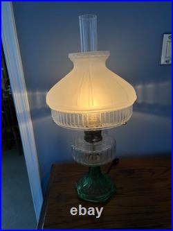 Vintage Aladdin Green Corinthian Electrified Oil Lamp With Frosted Shade
