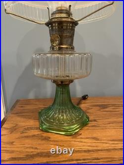 Vintage Aladdin Green Corinthian Electrified Oil Lamp With Frosted Shade