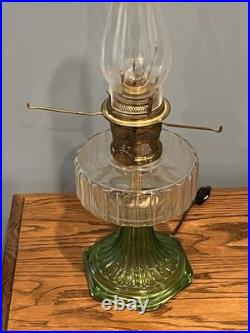 Vintage Aladdin Green Corinthian Electrified Oil Lamp With Frosted Shade