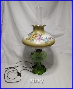 Vintage Aladdin Green Crystal Corinthian Electrified Lamp With Floral Shade