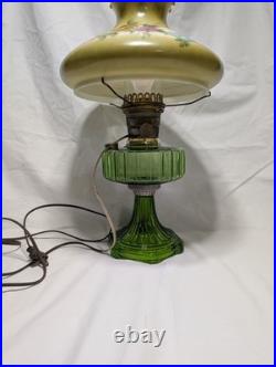 Vintage Aladdin Green Crystal Corinthian Electrified Lamp With Floral Shade