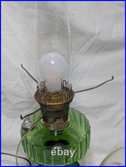 Vintage Aladdin Green Crystal Corinthian Electrified Lamp With Floral Shade