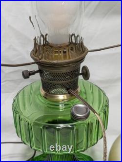 Vintage Aladdin Green Crystal Corinthian Electrified Lamp With Floral Shade