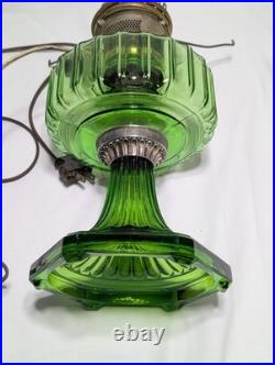 Vintage Aladdin Green Crystal Corinthian Electrified Lamp With Floral Shade