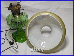 Vintage Aladdin Green Crystal Corinthian Electrified Lamp With Floral Shade