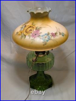 Vintage Aladdin Green Crystal Corinthian Electrified Lamp With Floral Shade