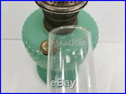 Vintage Aladdin Jade Jadeite Green Quilt Pattern Oil Kerosene Lamp with chimney
