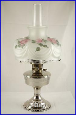 Vintage Aladdin Model 12 Nickle Plated Oil Lamp Reverse Painted Frosted Shade