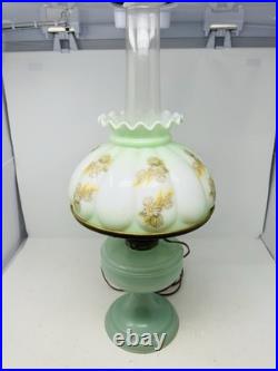 Vintage Aladdin Model 23 Jadeite Green Lamp Hand Painted Floral Shade Chimney