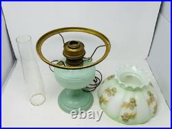 Vintage Aladdin Model 23 Jadeite Green Lamp Hand Painted Floral Shade Chimney