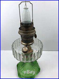 Vintage Aladdin Model B Kerosene Oil Lamp Clear & Green Glass Base Chimney