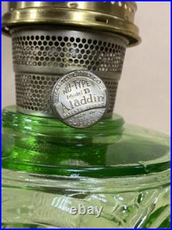 Vintage Aladdin Model B Nu-Type Green Glass Oil Lamp with Glass Chimney