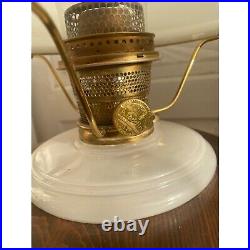 Vintage Aladdin Moonstone Oil Lamp With Floral Shade and Wooden Base