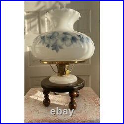 Vintage Aladdin Moonstone Oil Lamp With Floral Shade and Wooden Base