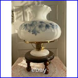 Vintage Aladdin Moonstone Oil Lamp With Floral Shade and Wooden Base