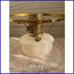 Vintage Aladdin Moonstone Oil Lamp With Floral Shade and Wooden Base