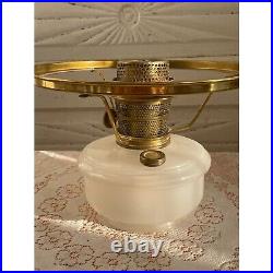 Vintage Aladdin Moonstone Oil Lamp With Floral Shade and Wooden Base