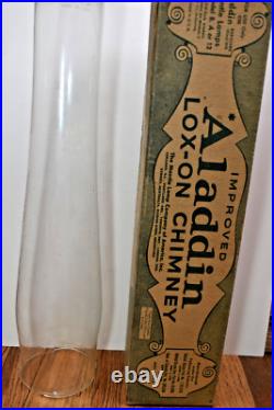 Vintage Aladdin Oil Lamp Lox-On Glass 3 LINE LOGO Chimney in Original Box