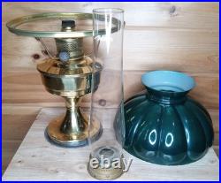 Vintage Aladdin Student Oil Lamp Emerald Green Glass Kerosene Brass Rare