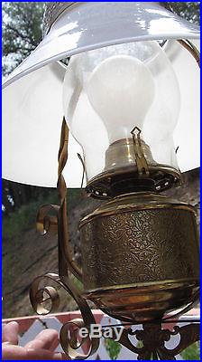 Vintage Aladdin Style Brass Lamp with Milk Shade Kerosene Oil Hanging Electric