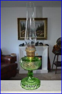 Vintage Aladdin Washington Drape Green Glass Oil Lamp with Burner + Chimney