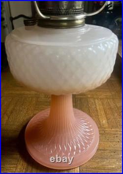 Vintage Aladdin White over Pink Diamond Quilt Moonstone Corinthian Glass Lamp