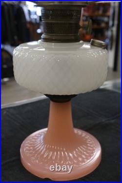 Vintage Aladdin White over Pink Diamond Quilt Moonstone Corinthian Glass Lamp