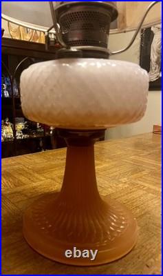 Vintage Aladdin White over Pink Diamond Quilt Moonstone Corinthian Glass Lamp