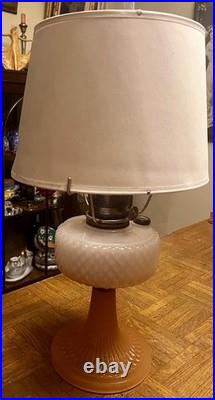 Vintage Aladdin White over Pink Diamond Quilt Moonstone Corinthian Glass Lamp