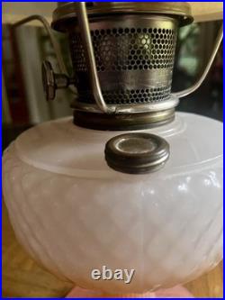 Vintage Aladdin White over Pink Diamond Quilt Moonstone Corinthian Glass Lamp