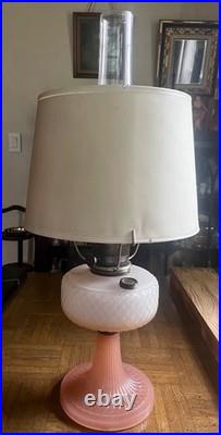 Vintage Aladdin White over Pink Diamond Quilt Moonstone Corinthian Glass Lamp
