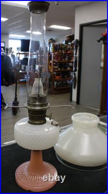 Vintage Aladdin White over Pink Diamond Quilt Moonstone Corinthian Glass Lamp
