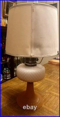 Vintage Aladdin White over Pink Diamond Quilt Moonstone Corinthian Glass Lamp