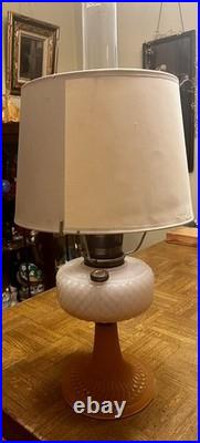 Vintage Aladdin White over Pink Diamond Quilt Moonstone Corinthian Glass Lamp