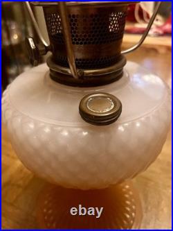 Vintage Aladdin White over Pink Diamond Quilt Moonstone Corinthian Glass Lamp