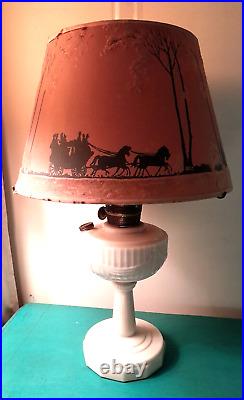 Vintage Antique Aladdin Alacite Mantle Oil Lamp W Flocked Paper Shade w Horses