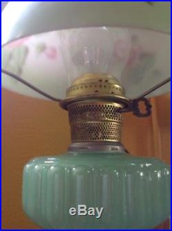 Vintage Antique Aladdin Cathedral Green Moonstone Jadeite Glass Oil Lamp & Shade