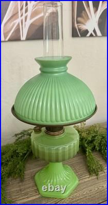 Vintage Antique Aladdin Model B Oil Lamp Jadeite Green Milk Glass with Shade