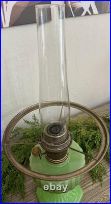 Vintage Antique Aladdin Model B Oil Lamp Jadeite Green Milk Glass with Shade