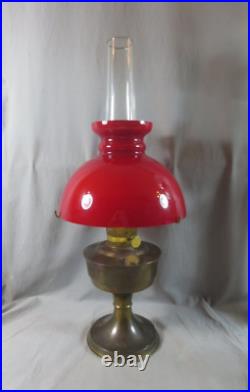 Vintage Brass Aladdin No 23 Oil Lamp With Chimney & Red Glass Shade