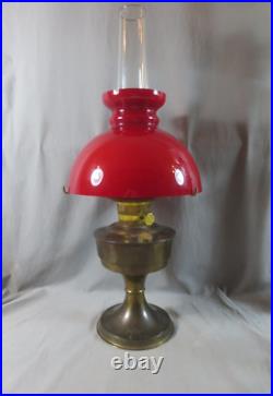 Vintage Brass Aladdin No 23 Oil Lamp With Chimney & Red Glass Shade