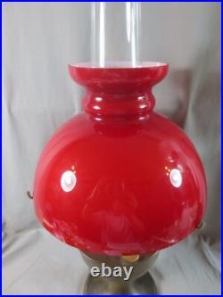 Vintage Brass Aladdin No 23 Oil Lamp With Chimney & Red Glass Shade