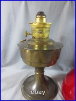 Vintage Brass Aladdin No 23 Oil Lamp With Chimney & Red Glass Shade