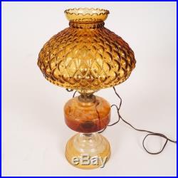 Vintage Converted Aladdin Amber Glass Kerosene Table Lamp-Diamond Quilted Shade