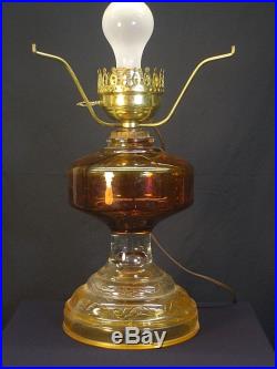 Vintage Converted Aladdin Amber Glass Kerosene Table Lamp-Diamond Quilted Shade