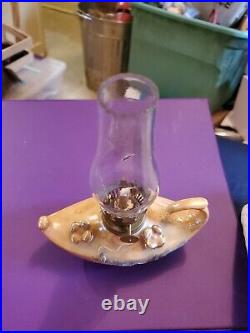 Vintage Genie Style Mini Hurricane Aladdin Oil Lamp White Ceramic Gold Flowers