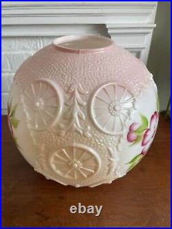 Vintage Glass GWTW Oil Lamp Shade Hand Painted Pink Floral Large