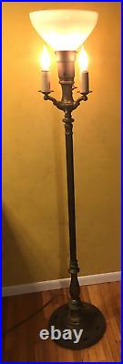 Vintage MCM ALADDIN CAST BRASS FLOOR LAMP 3-ARM CANDELA MILKGLASS TORCH & HARP