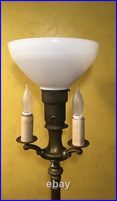 Vintage MCM ALADDIN CAST BRASS FLOOR LAMP 3-ARM CANDELA MILKGLASS TORCH & HARP